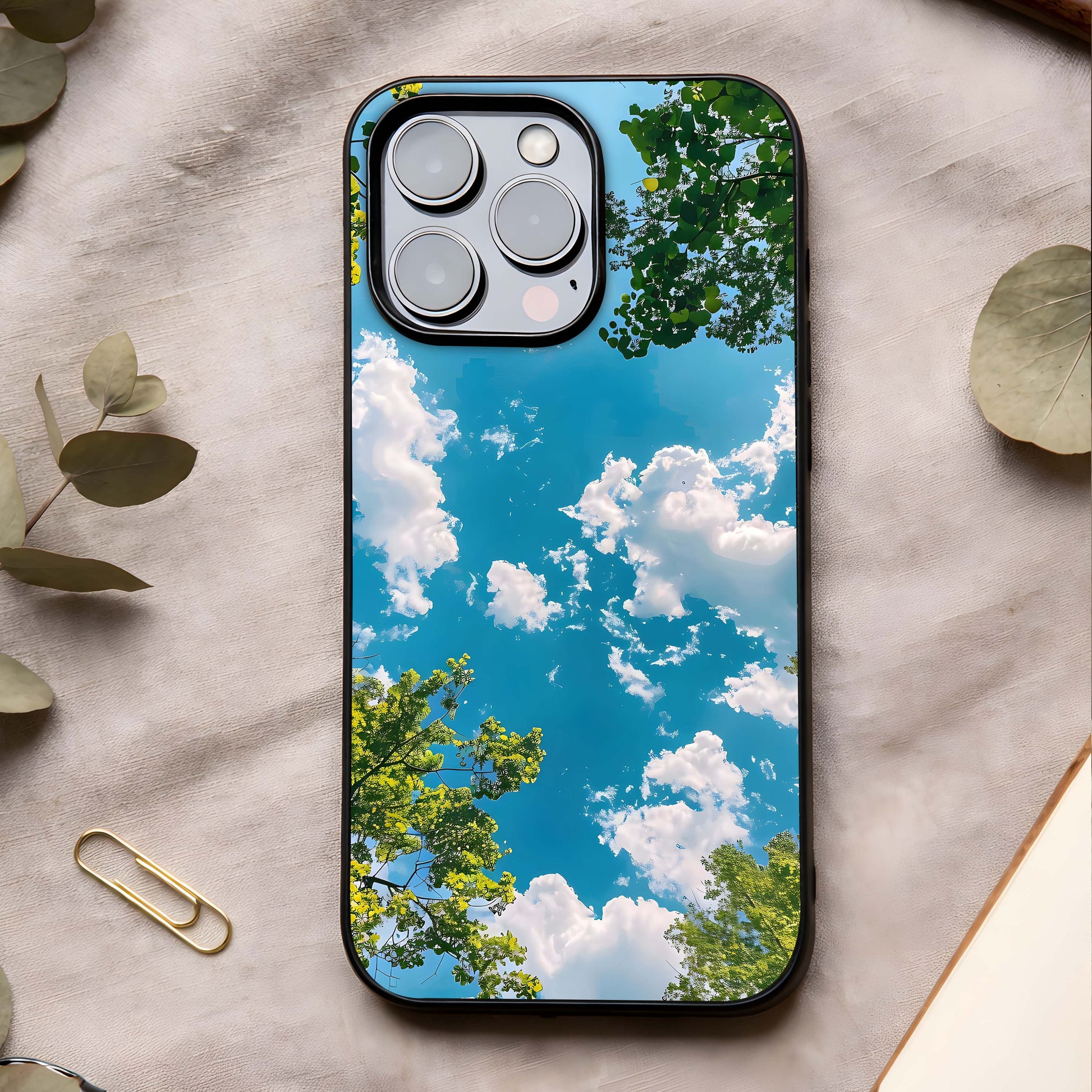 Greenery Sky Glass Case showing full back design in clean flat view with nature-inspired sky tones and glossy glass finish.