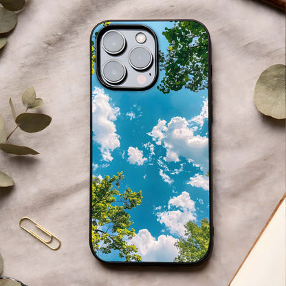 Greenery Sky Glass Case showing full back design in clean flat view with nature-inspired sky tones and glossy glass finish.