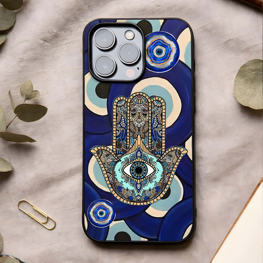 Hamsa Divine Guard Glass Case showing full back design in clean flat view with protective hamsa symbol and glossy glass finish.