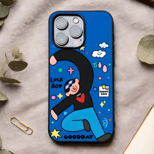 Happy Luck Vibe Glass Case showing full back design in clean flat view with cheerful symbols and glossy glass finish.