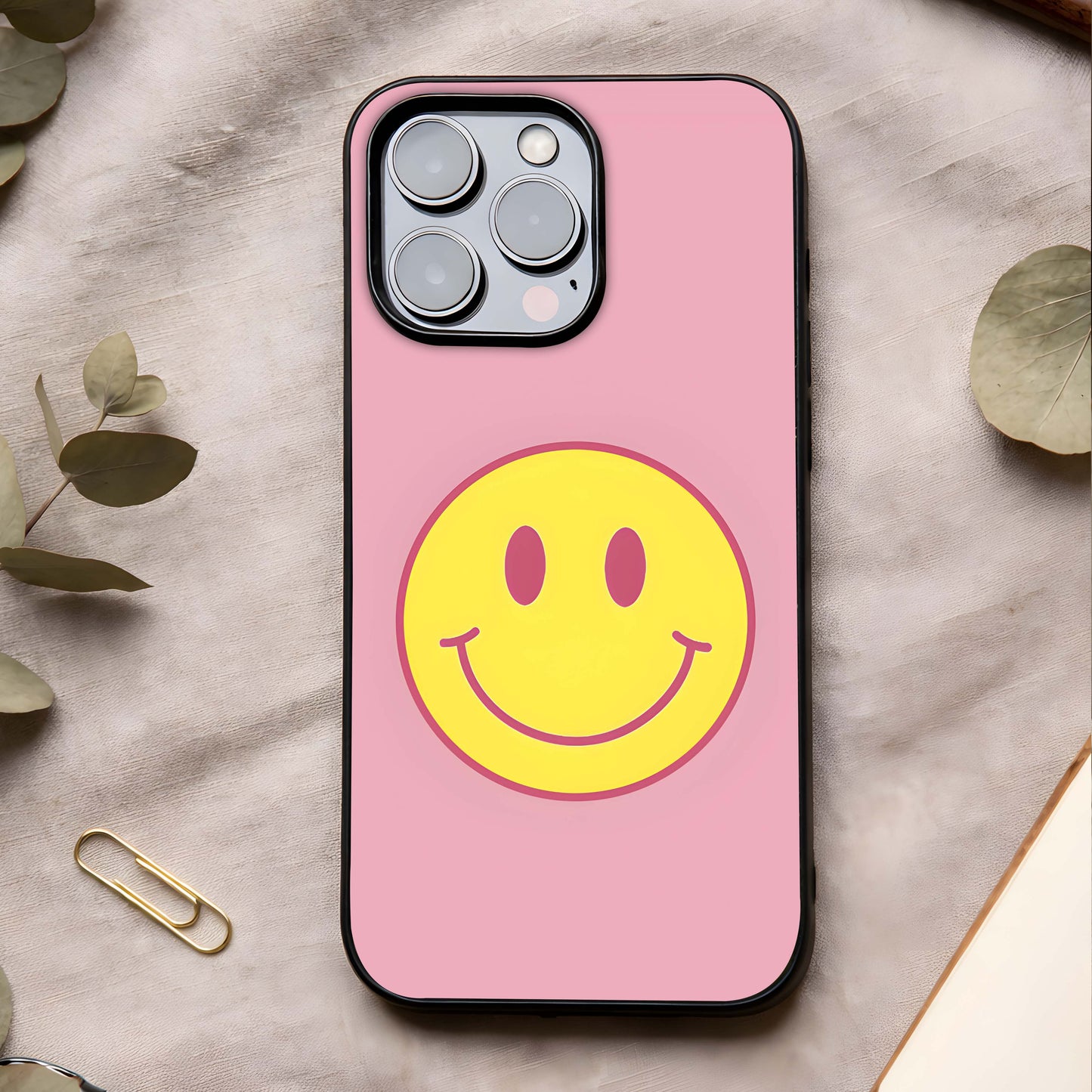 Happy Pink Mood Glass Case showing full back design in clean flat view with soft pink aesthetics and glossy glass finish.