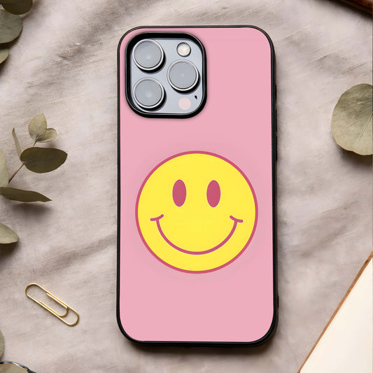 Happy Pink Mood Glass Case showing full back design in clean flat view with soft pink aesthetics and glossy glass finish.
