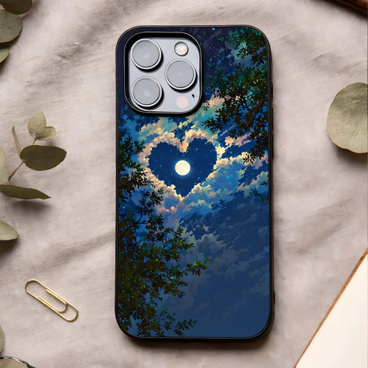 Heart with Moon Sky Glass Case showing full back design in clean flat view with lunar heart art and glossy glass finish.