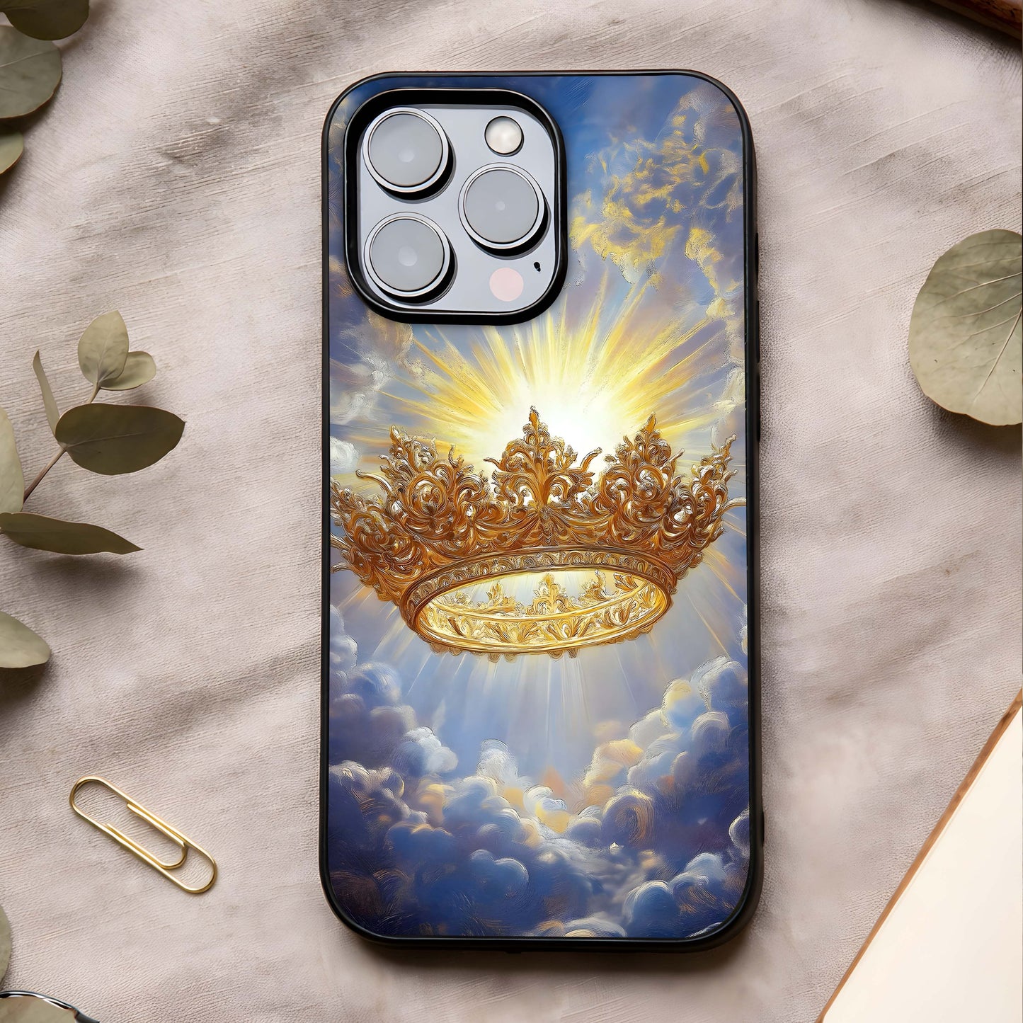 Heavenly Crown Light Glass Case showing full back design in clean flat view with radiant crown imagery and glossy glass finish.