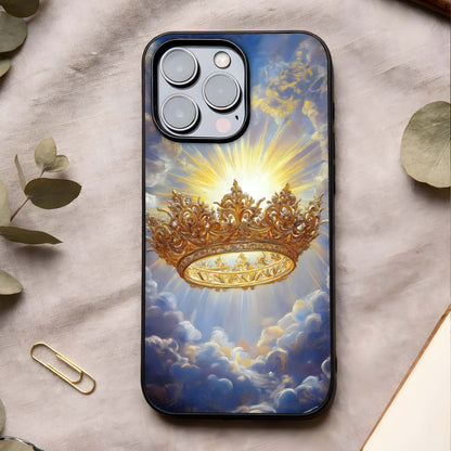 Heavenly Crown Light Glass Case showing full back design in clean flat view with radiant crown imagery and glossy glass finish.
