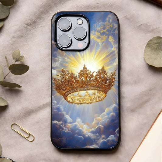 Heavenly Crown Light Glass Case showing full back design in clean flat view with radiant crown imagery and glossy glass finish.