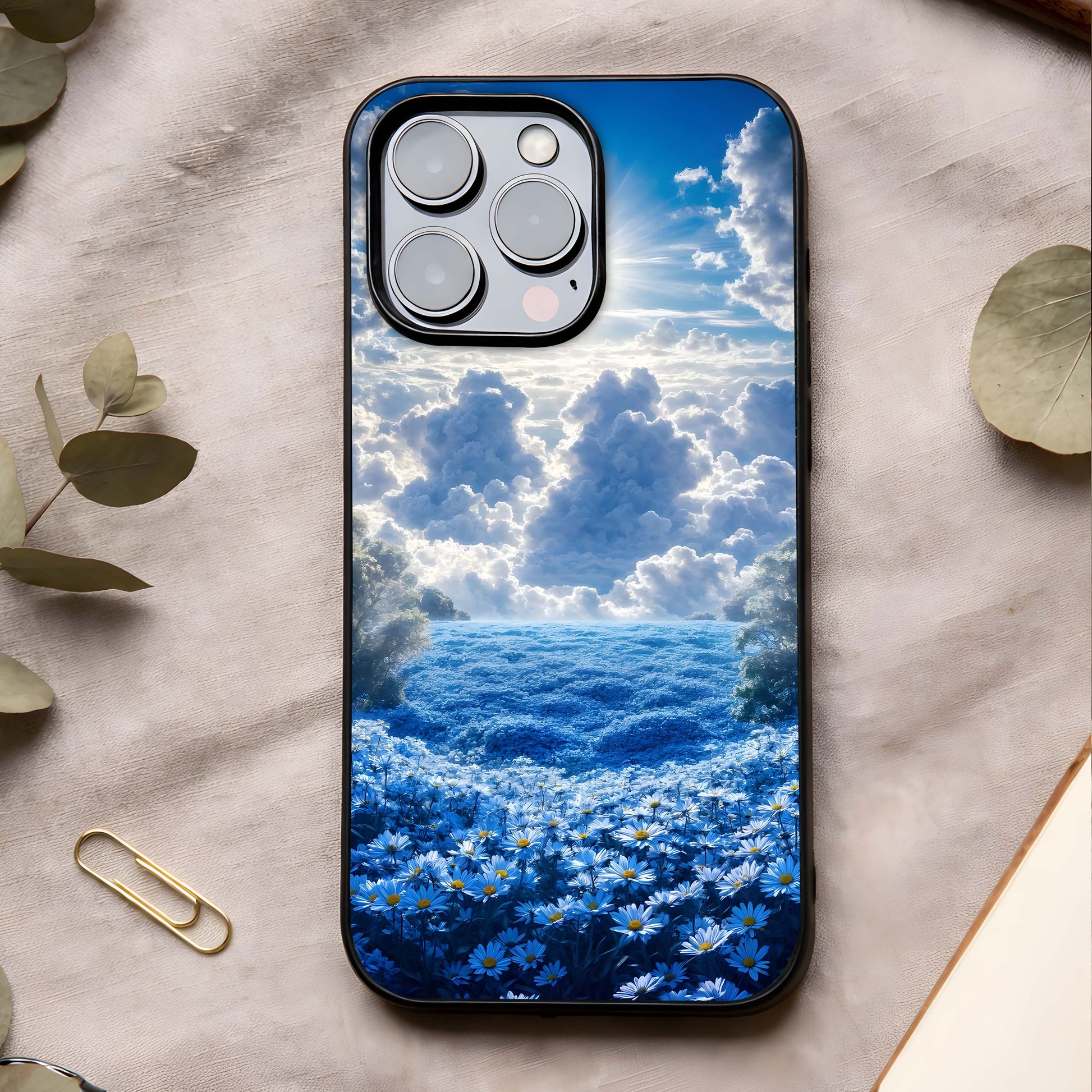 Heavenly Daisy Horizon Glass Case showing full back design in clean flat view with daisy blooms and glossy glass finish.