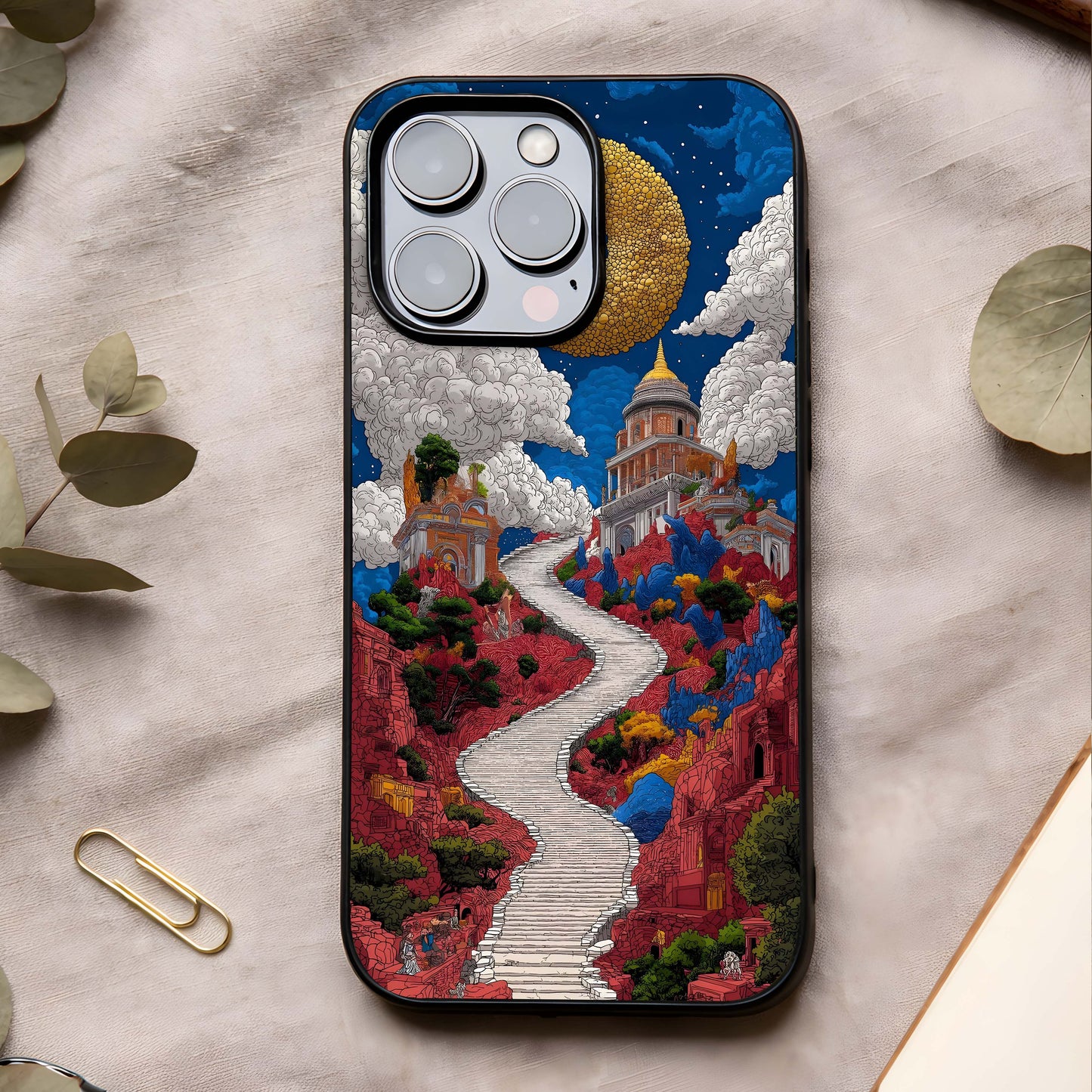 Heavenly Moon Path Glass Case showing full back design in clean flat view with moonlit pathway art and glossy glass finish.