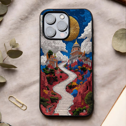 Heavenly Moon Path Glass Case showing full back design in clean flat view with moonlit pathway art and glossy glass finish.