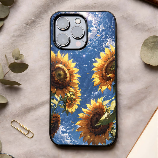 Heavenly Sunflower Rise Glass Case showing full back design in clean flat view with rising sunflower art and glossy glass finish.