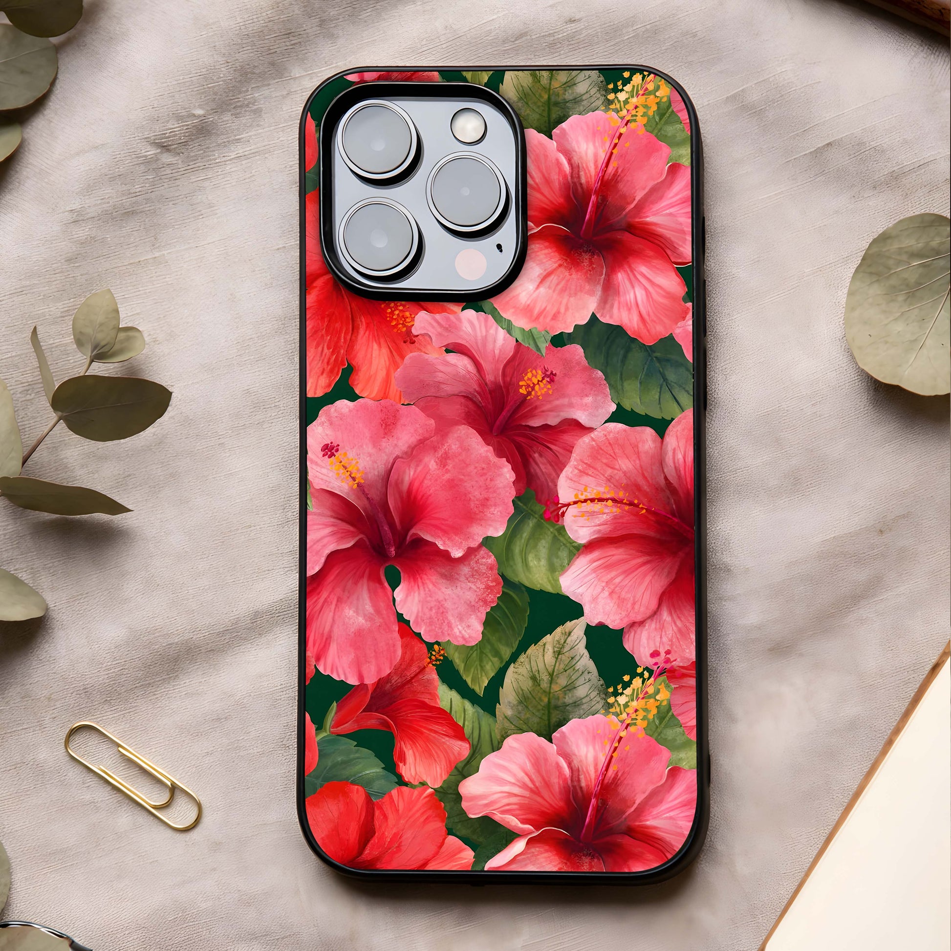Hibiscus Pattern Glass Case showing full back design in clean flat view with tropical hibiscus motifs and glossy glass finish.