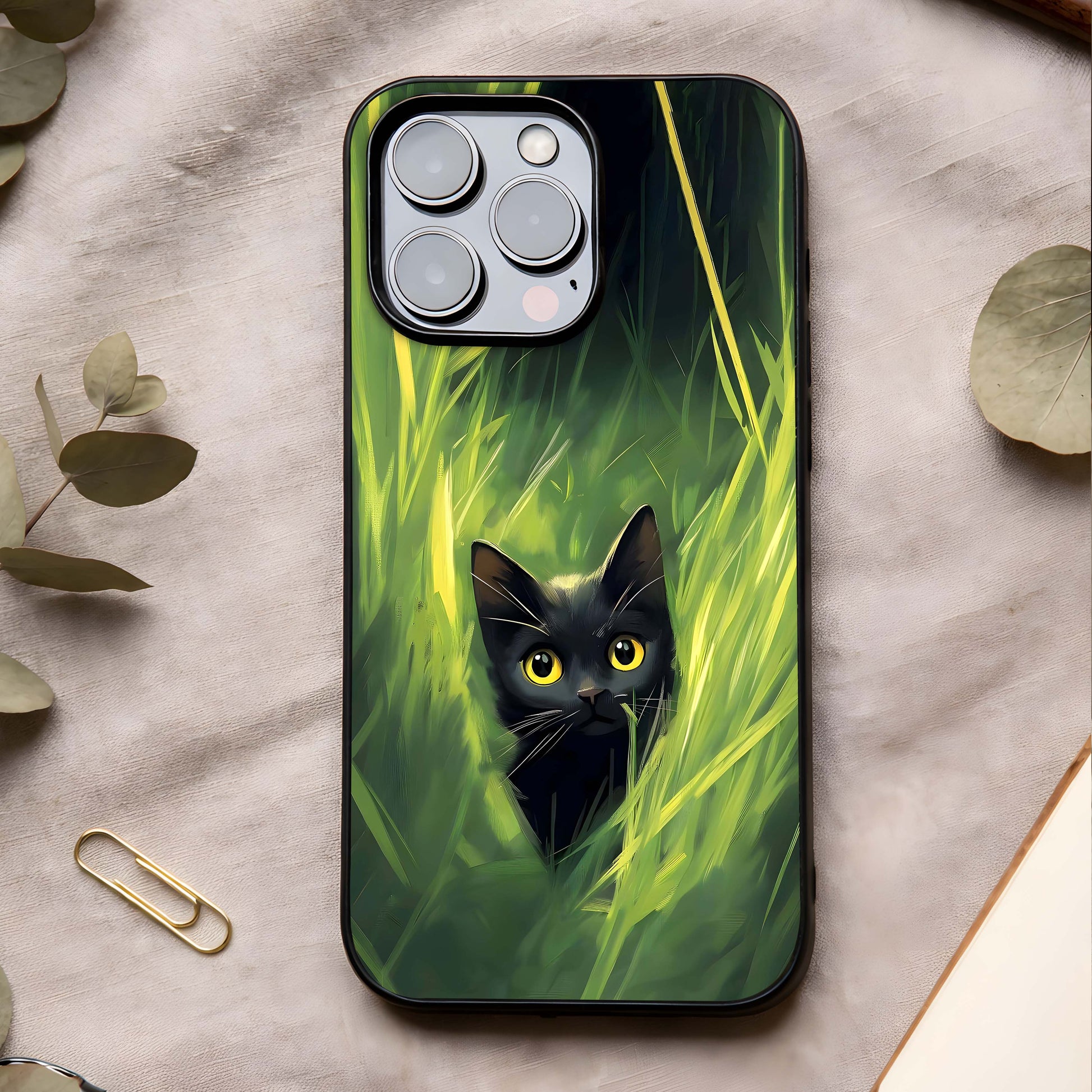 Hidden Cat Whisper Glass Case showing full back design in clean flat view with subtle cat illustration and glossy glass finish.