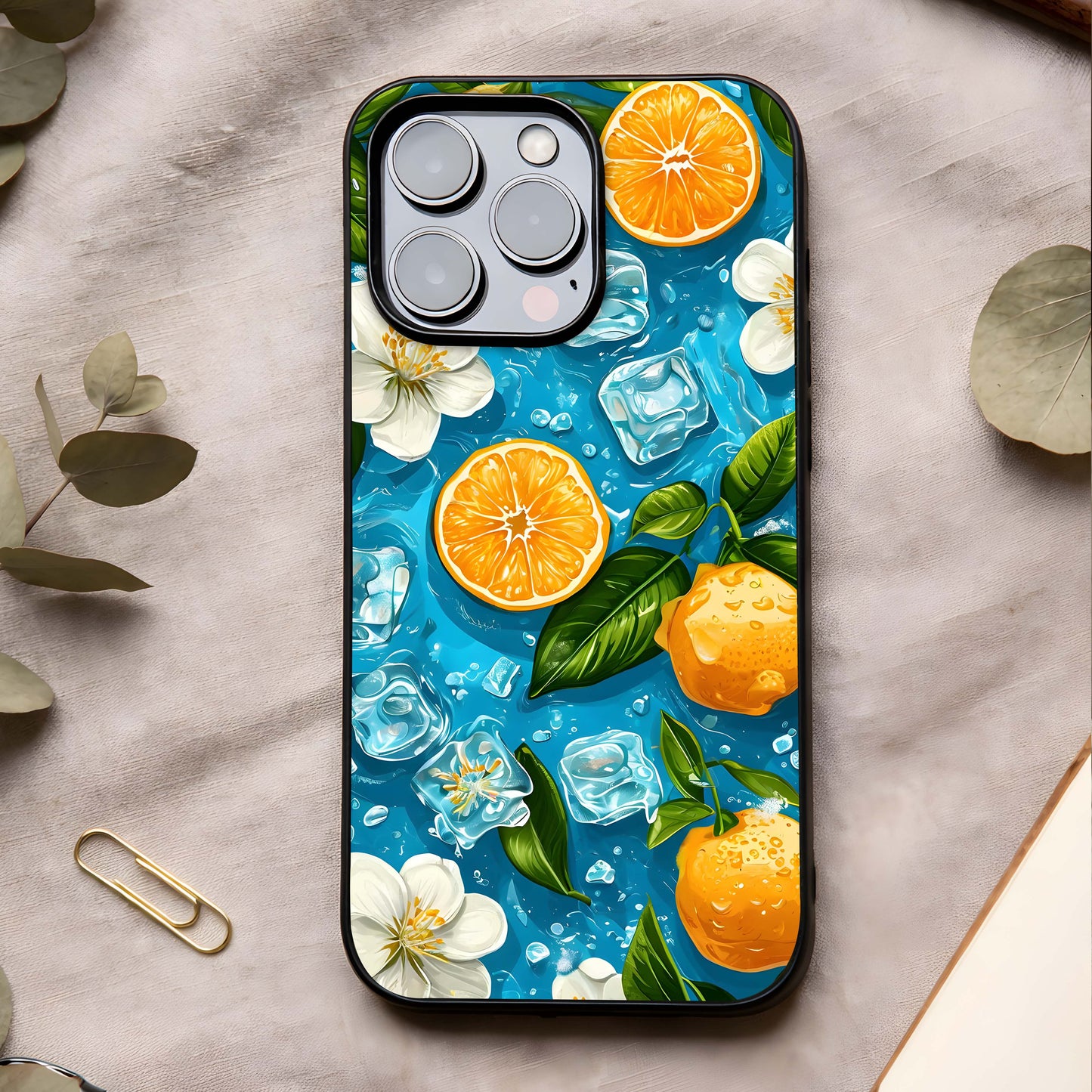 Ice Cube With Orange Glass Case showing full back design in clean flat view with fresh citrus visuals and glossy glass finish.