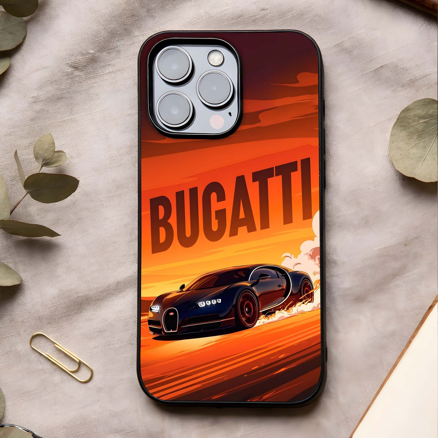 Inferno Bugatti Storm Glass Case showing full back design in clean flat view with fiery supercar art and glossy glass finish.