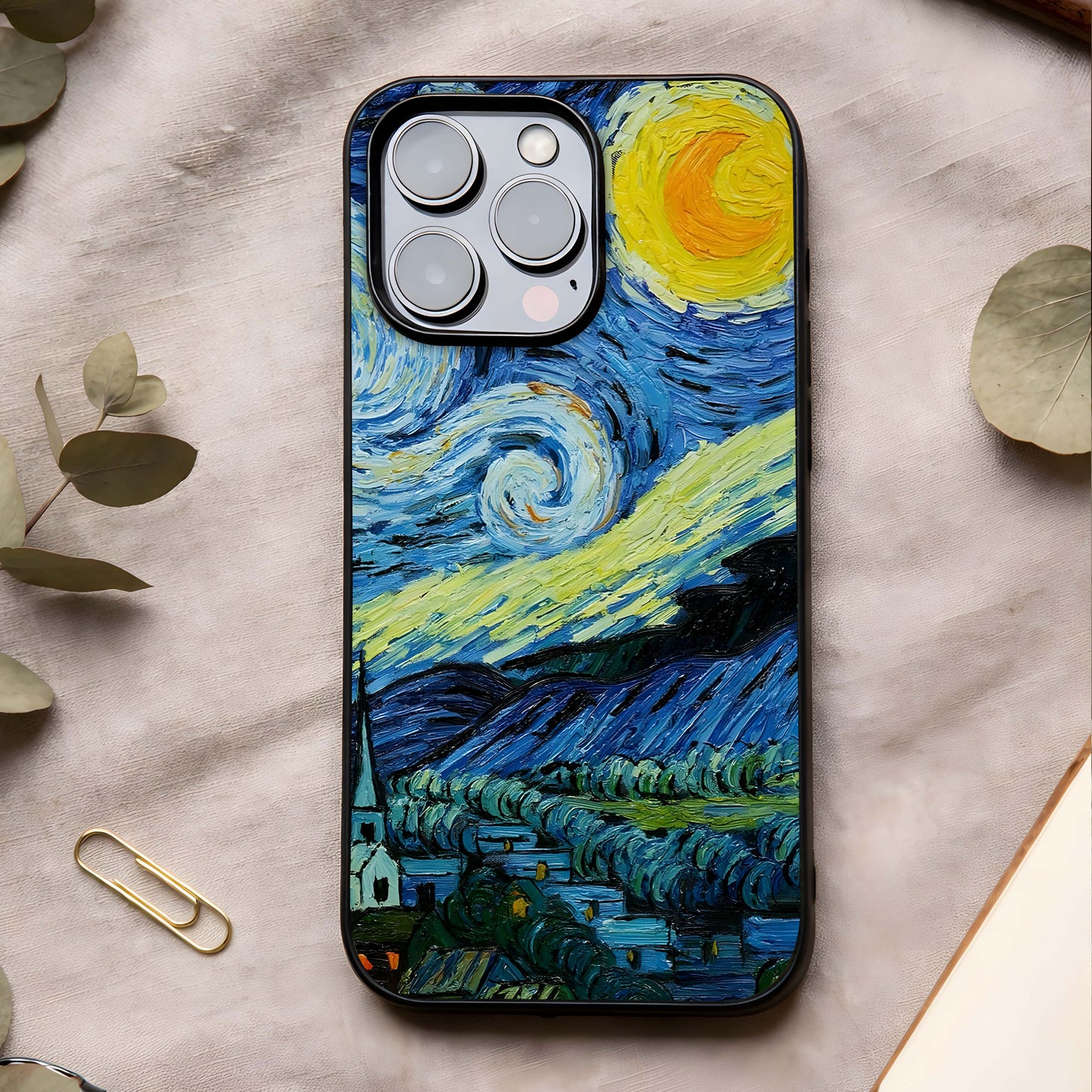 Inspired Van Gogh Art Glass Case showing full back design in clean flat view with expressive brush art and glossy glass finish.