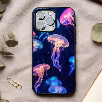 Jellyfish Pattern Glass Case showing full back design in clean flat view with floating jellyfish motifs and glossy glass finish.