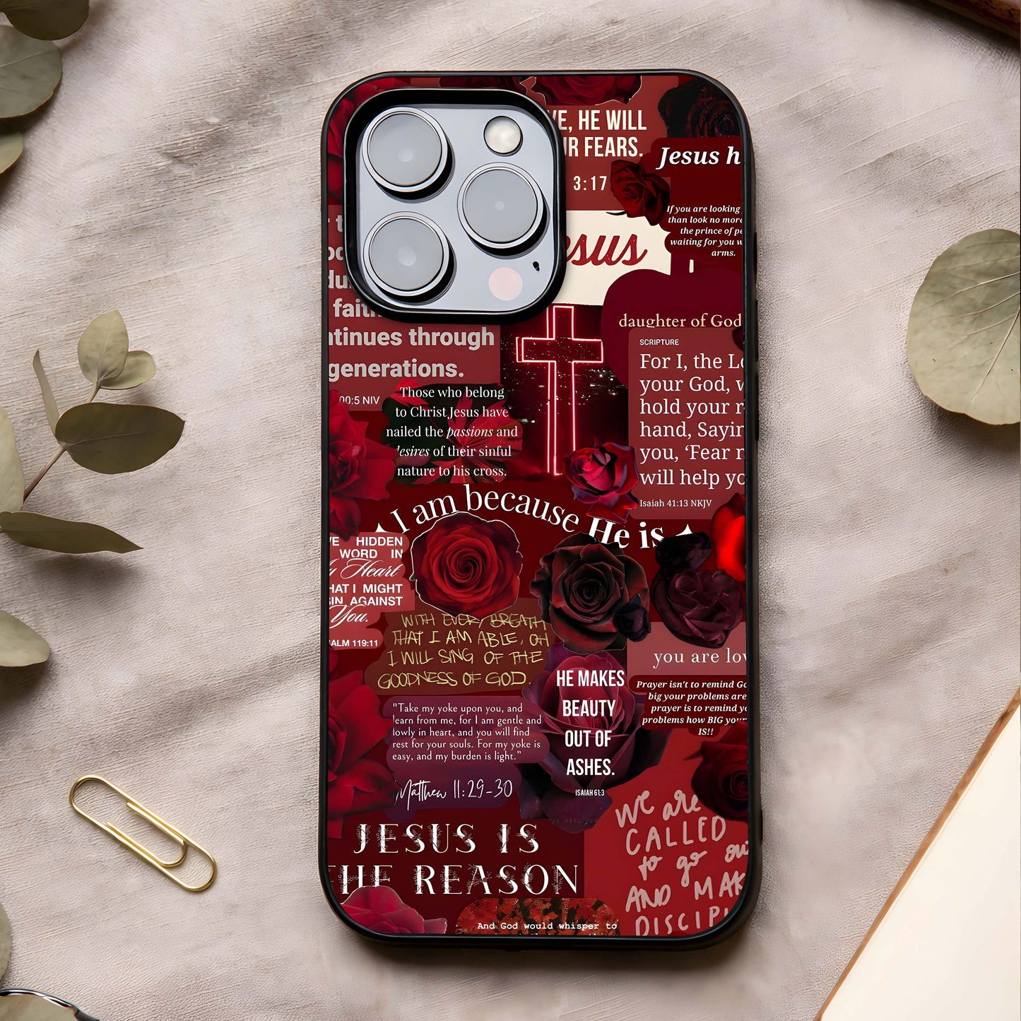 Jesus Love Heals Glass Case showing full back design in clean flat view with spiritual message art and glossy glass finish.