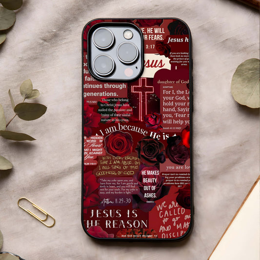 Jesus Love Heals Glass Case showing full back design in clean flat view with spiritual message art and glossy glass finish.
