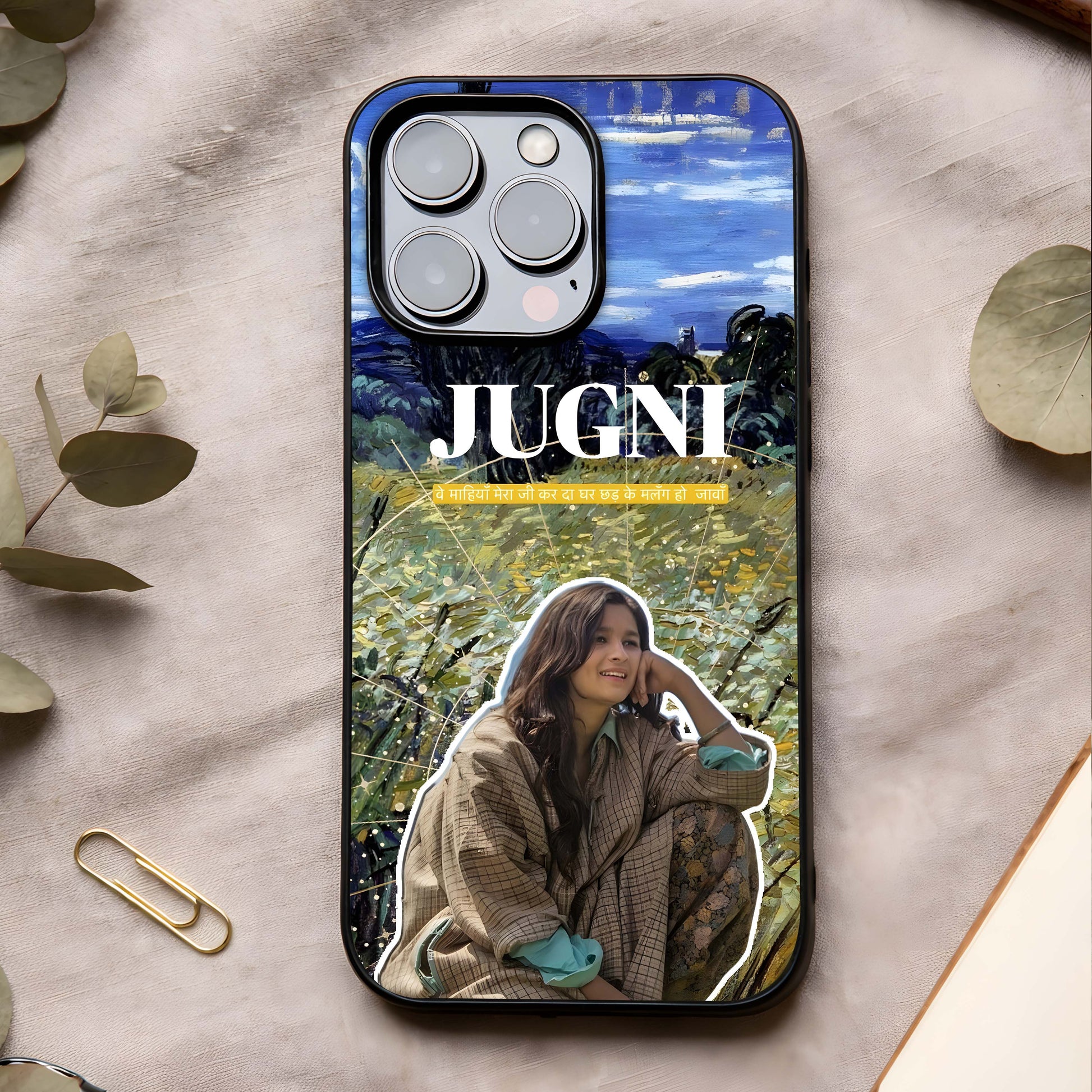Jugni Soul Vibes Glass Case showing full back design in clean flat view with soulful artistic elements and glossy glass finish.