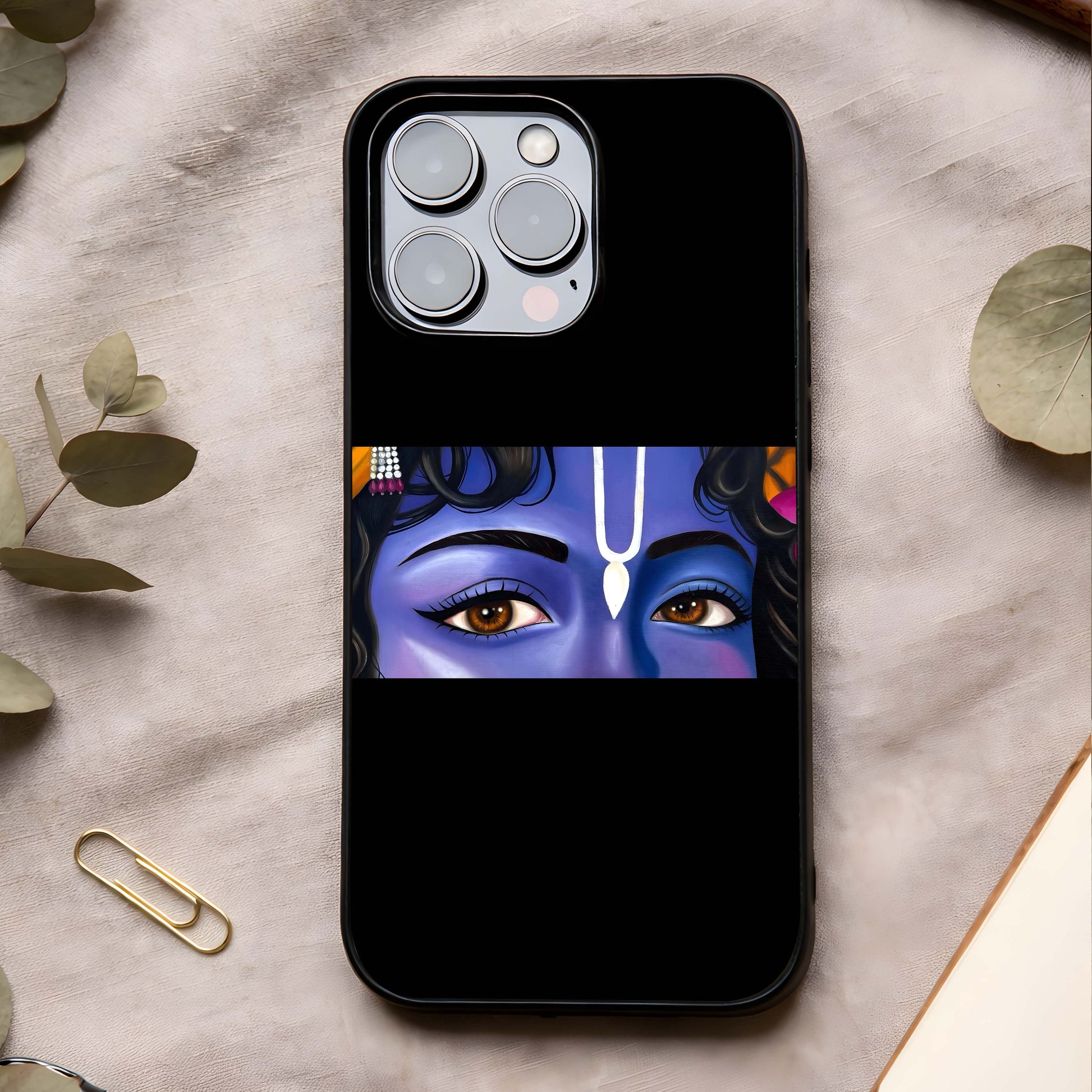 Krishna Eye Glass Case showing full back design in clean flat view with divine eye artwork and glossy glass finish.