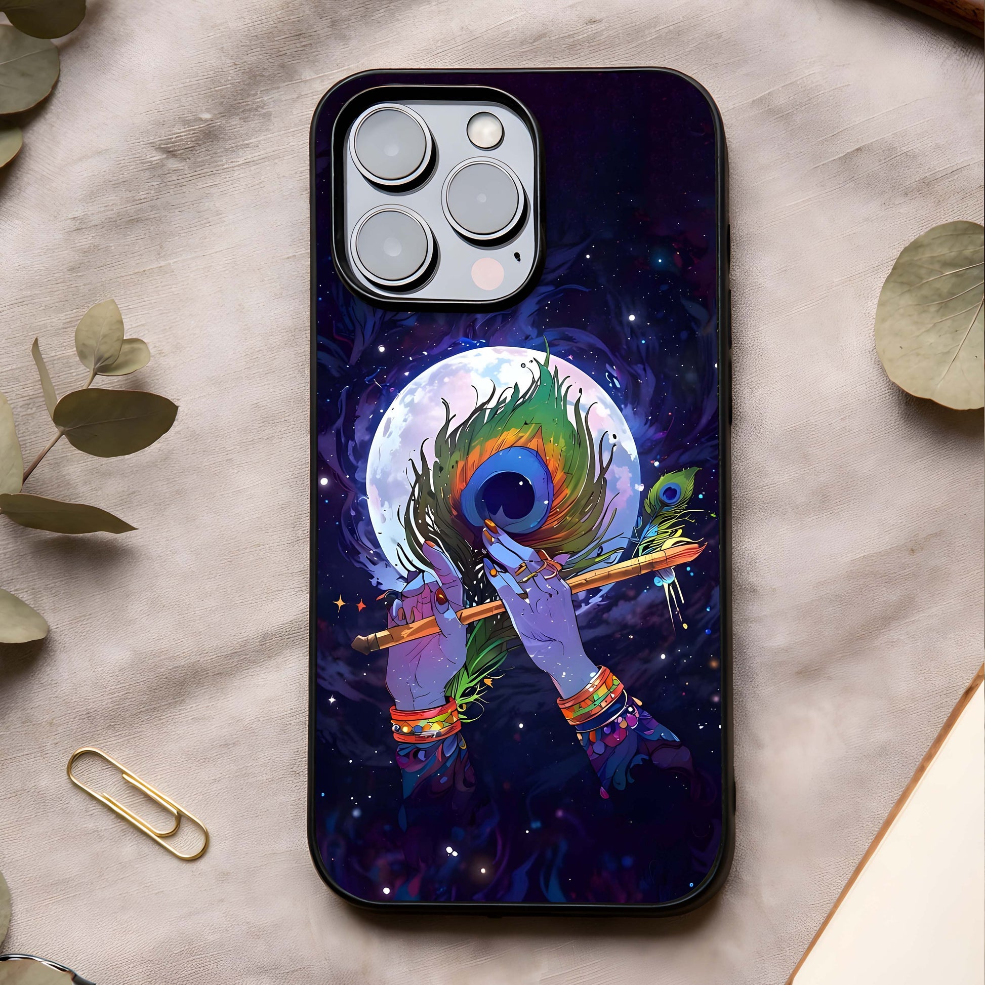 Krishna Hands Art Glass Case showing full back design in clean flat view with expressive divine art and glossy glass finish.