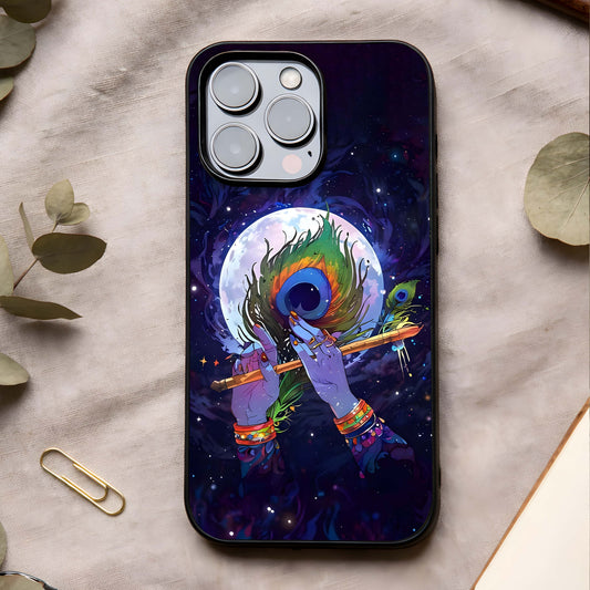 Krishna Hands Art Glass Case showing full back design in clean flat view with expressive divine art and glossy glass finish.