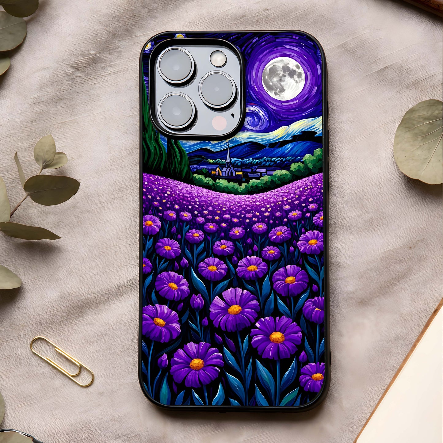 Lavender Moon Field Glass Case showing full back design in clean flat view with moonlit field art and glossy glass finish.