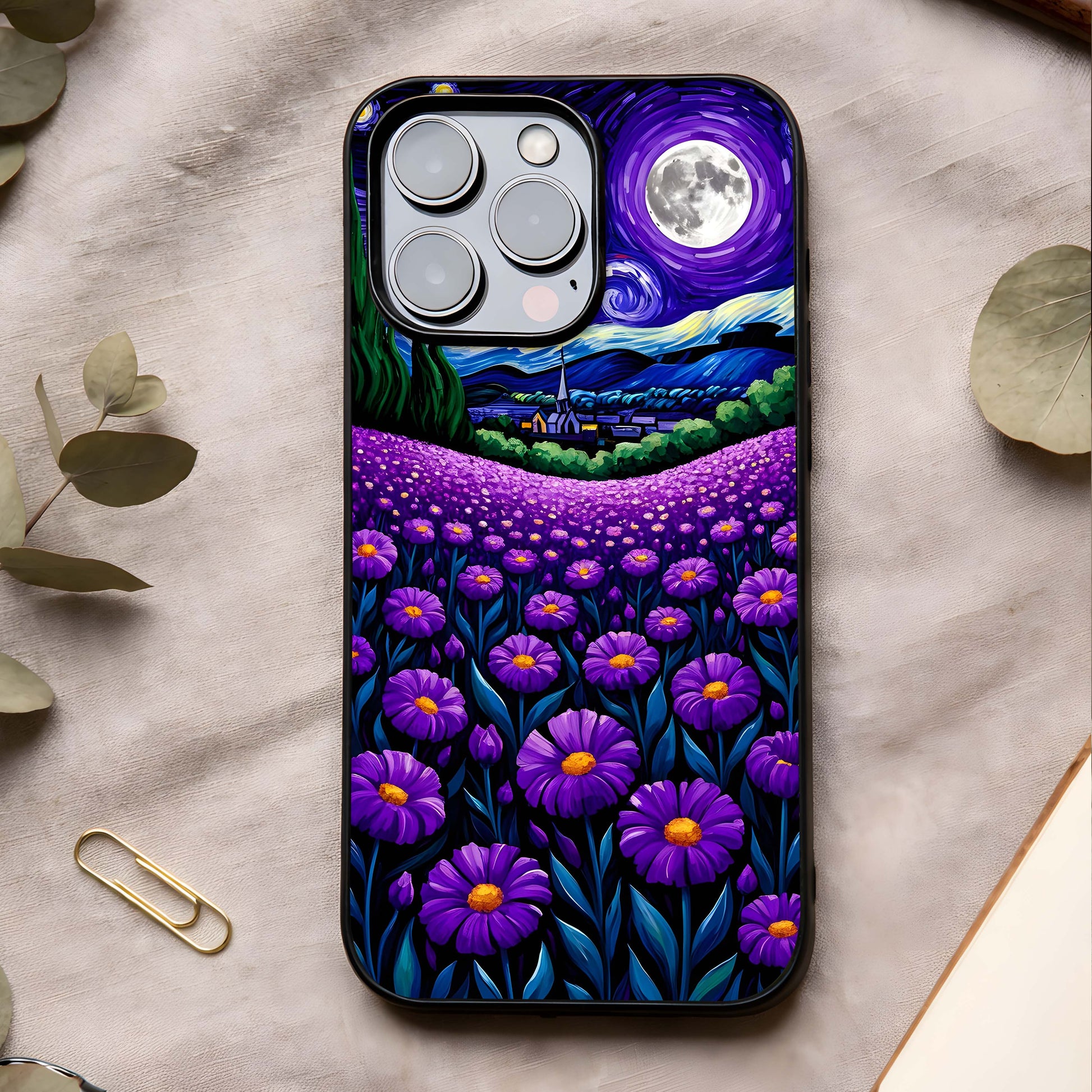 Lavender Moon Field Glass Case showing full back design in clean flat view with moonlit field art and glossy glass finish.
