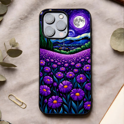 Lavender Moon Field Glass Case showing full back design in clean flat view with moonlit field art and glossy glass finish.
