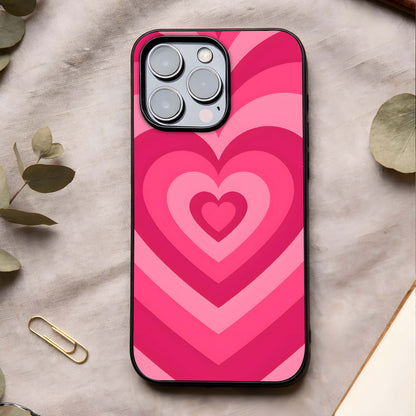 Layered Love Hearts Glass Case showing full back design in clean flat view with layered heart motifs and glossy glass finish.