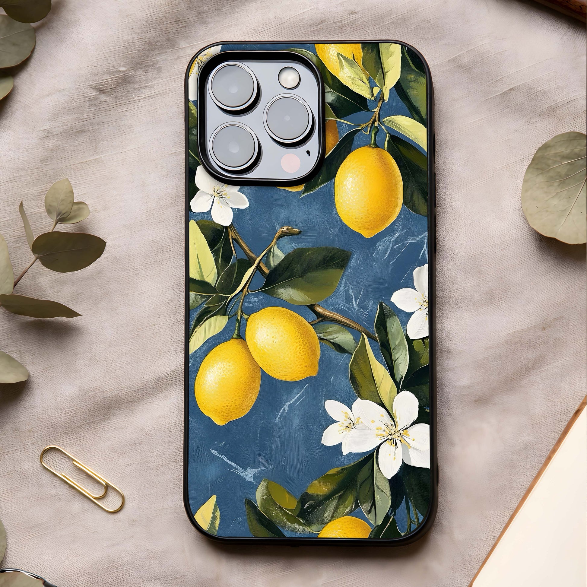 Lemon Dream Garden Glass Case showing full back design in clean flat view with fresh lemon florals and glossy glass finish.