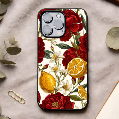 Lemon Rose Charm Glass Case showing full back design in clean flat view with citrus-floral accents and glossy glass finish.