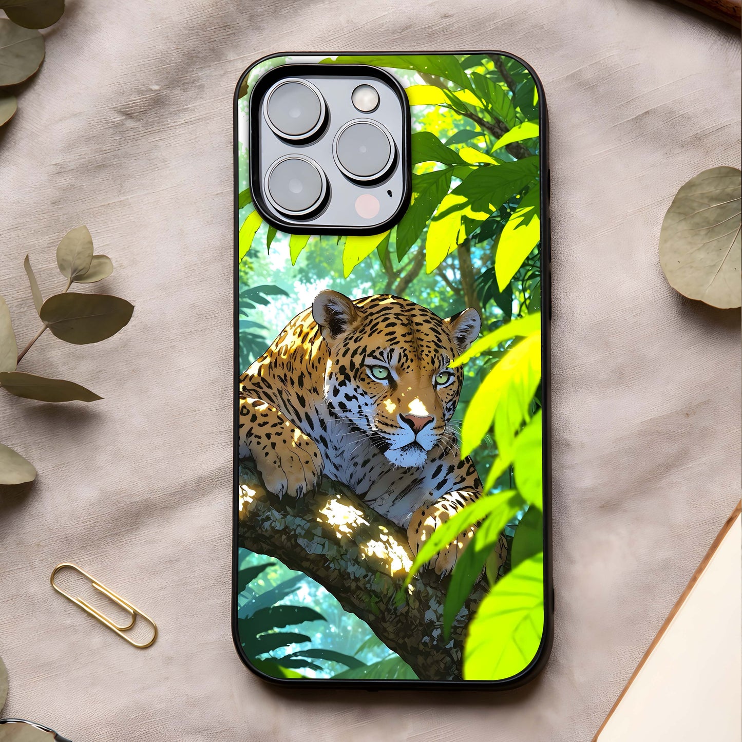 Leopard in Jungle Glass Case showing full back design in clean flat view with powerful wildlife art and glossy glass finish.
