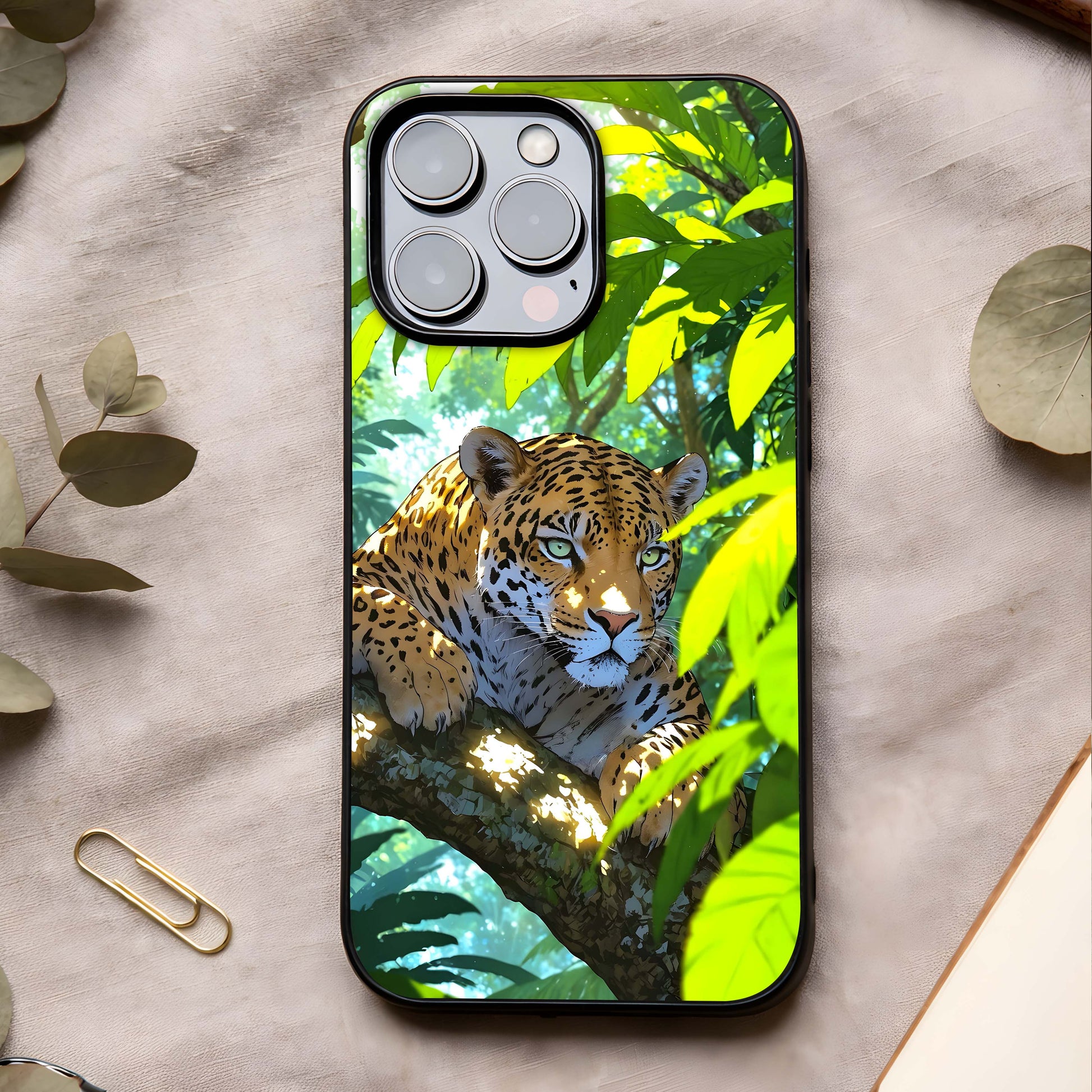 Leopard in Jungle Glass Case showing full back design in clean flat view with powerful wildlife art and glossy glass finish.