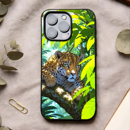 Leopard in Jungle Glass Case showing full back design in clean flat view with powerful wildlife art and glossy glass finish.