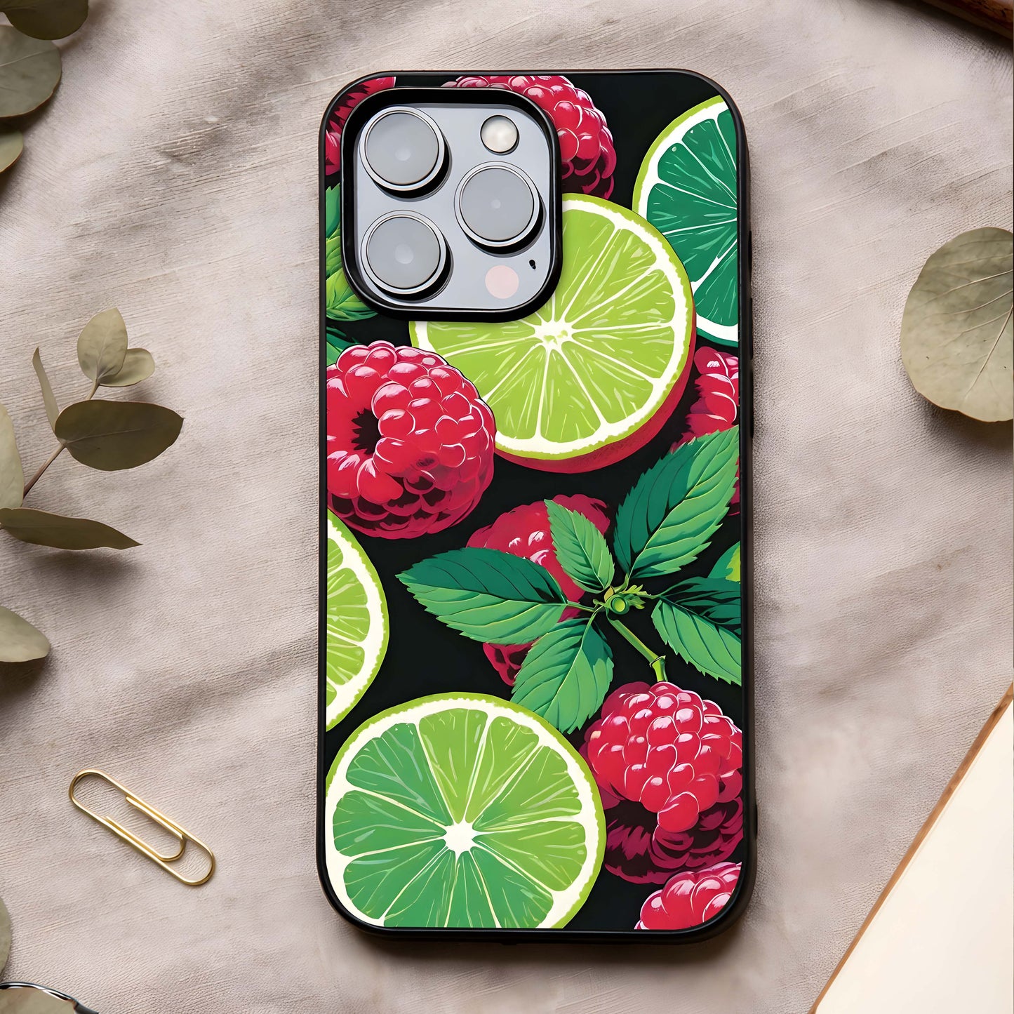 Lime and Raspberry Pattern Glass Case showing full back design in clean flat view with vibrant fruit patterns and glossy glass finish.