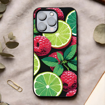 Lime and Raspberry Pattern Glass Case showing full back design in clean flat view with vibrant fruit patterns and glossy glass finish.