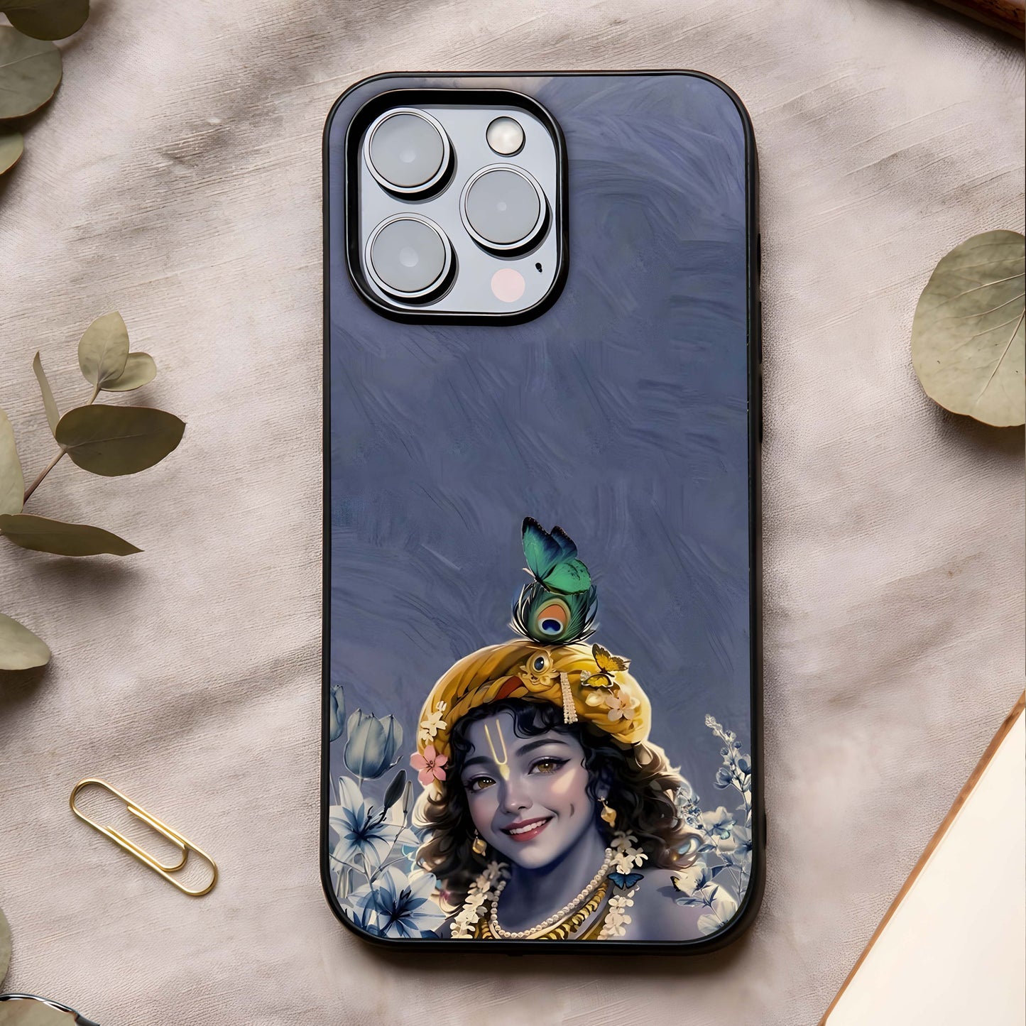 Lord Krishna Glass Case showing full back design in clean flat view with divine artwork and glossy glass finish.