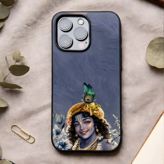Lord Krishna Glass Case showing full back design in clean flat view with divine artwork and glossy glass finish.