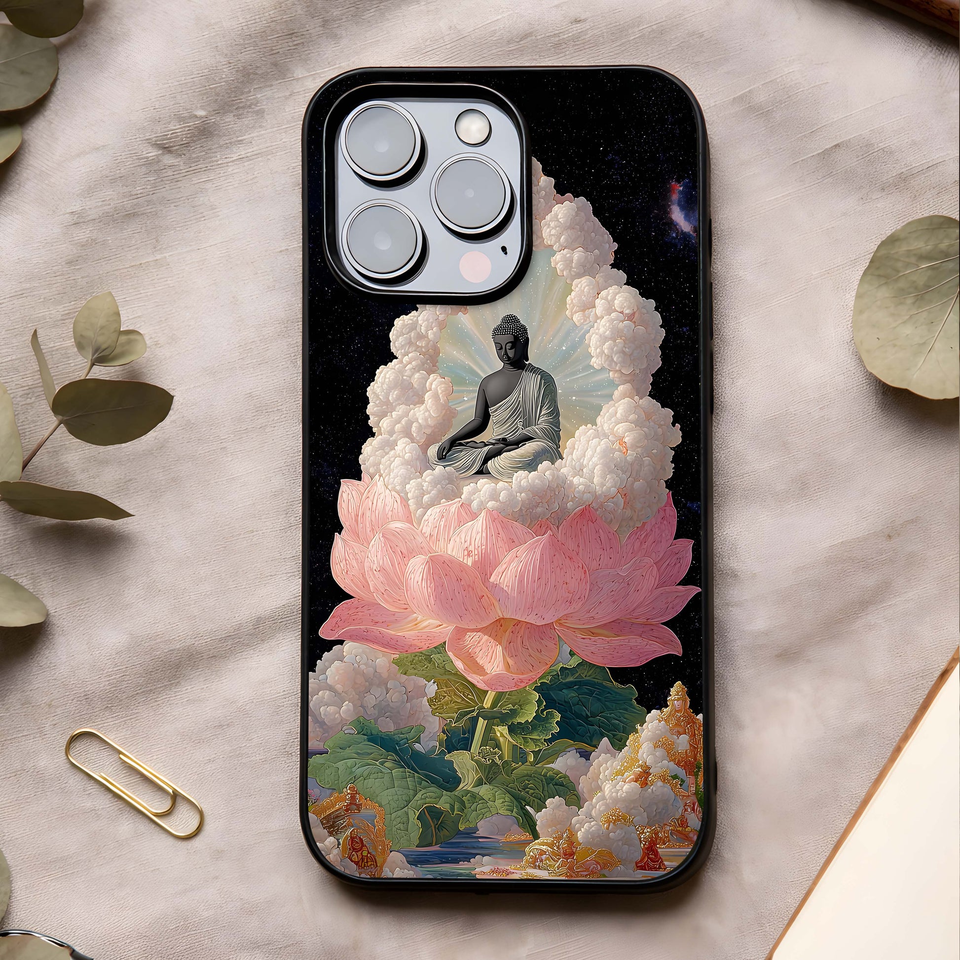 Lotus Divine Peace Glass Case showing full back design in clean flat view with sacred lotus art and glossy glass finish.