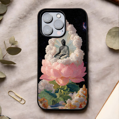 Lotus Divine Peace Glass Case showing full back design in clean flat view with sacred lotus art and glossy glass finish.