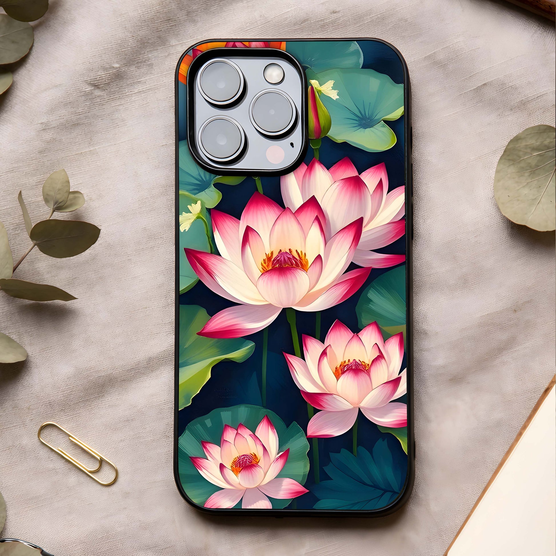 Lotus Dream Serenity Glass Case showing full back design in clean flat view with dreamy lotus tones and glossy glass finish.