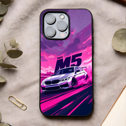 MS Neon Car Glass Case showing full back design in clean flat view with neon car visuals and glossy glass finish.