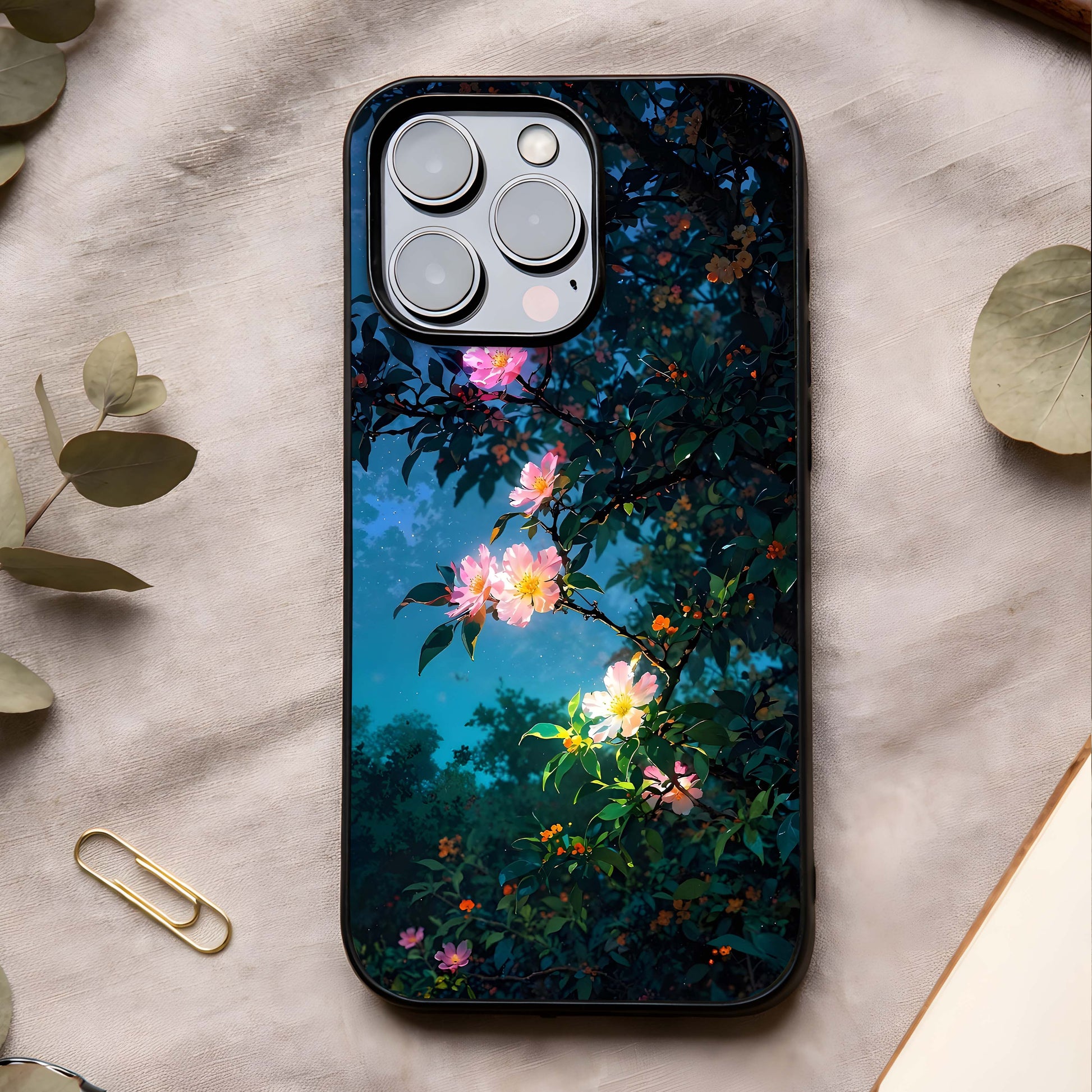 Midnight Bloom Glow Glass Case showing full back design in clean flat view with night florals and glossy glass finish.