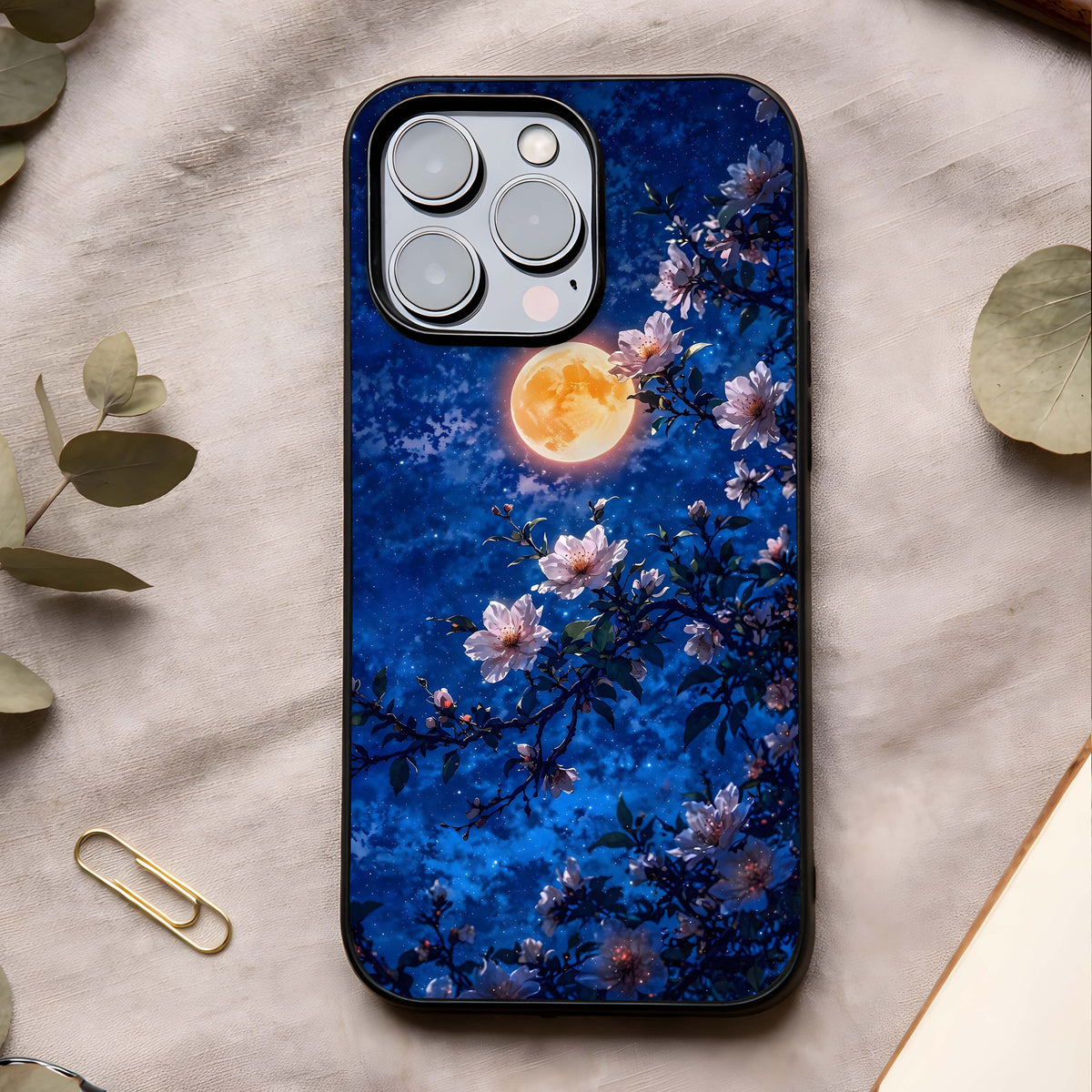 Moonlit Blossoms Night Glass Case showing full back design in clean flat view with night florals and glossy glass finish.