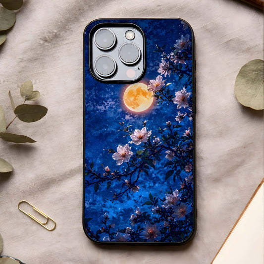 Moonlit Blossoms Night Glass Case showing full back design in clean flat view with night florals and glossy glass finish.