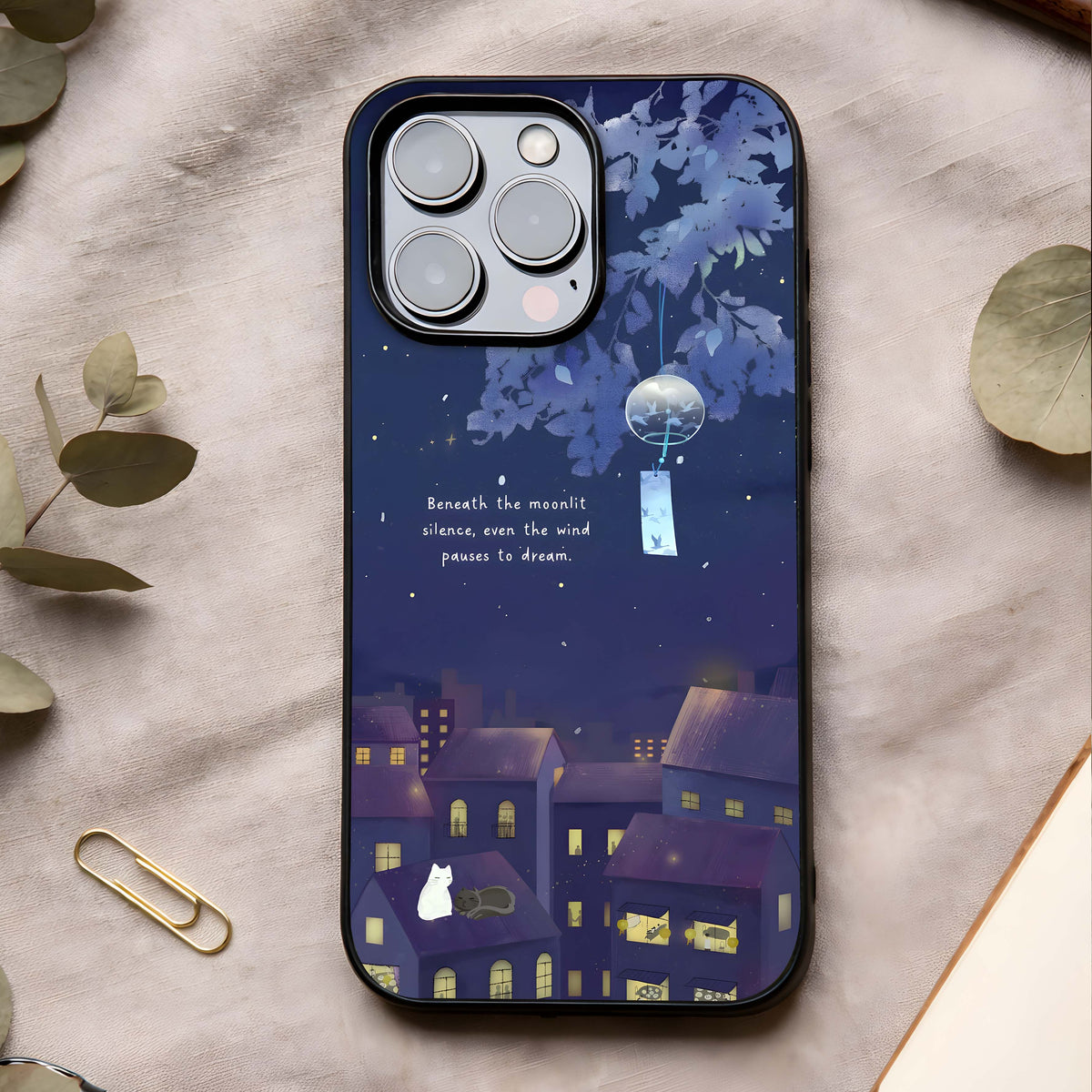 Moonlit Cat Silence Glass Case showing full back design in clean flat view with quiet feline art and glossy glass finish.