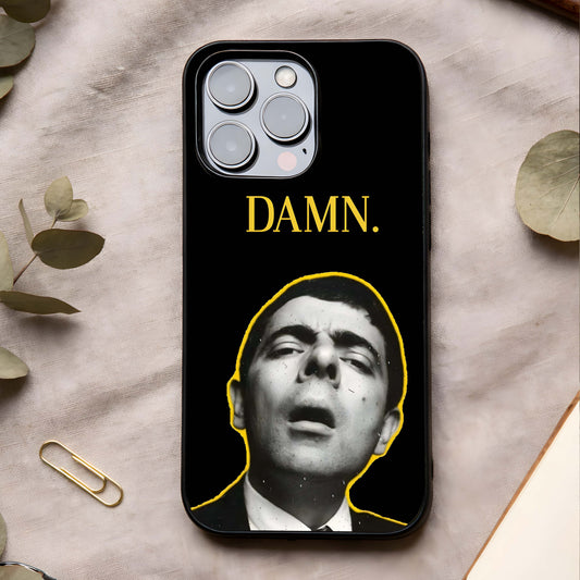 Mr Bean Damn Glass Case showing full back design in clean flat view with bold character styling and glossy glass finish.