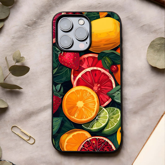 Multiple Fruits Glass Case showing full back design in clean flat view with colorful fruit collage and glossy glass finish.