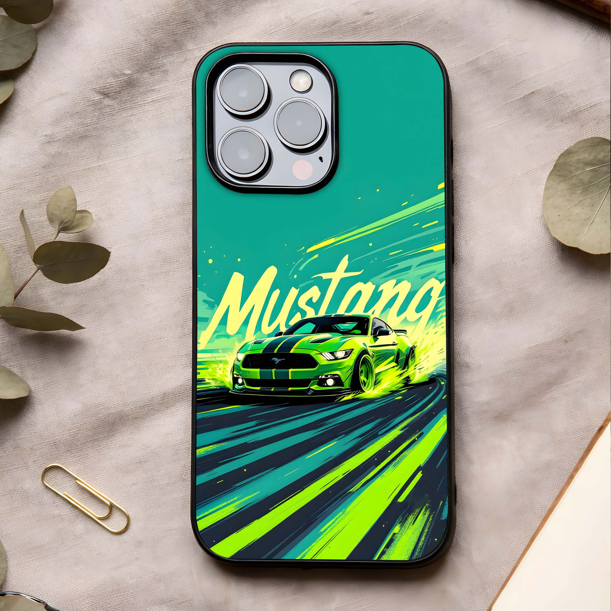 Mustang Bang Glass Case showing full back design in clean flat view with aggressive muscle-car art and glossy glass finish.